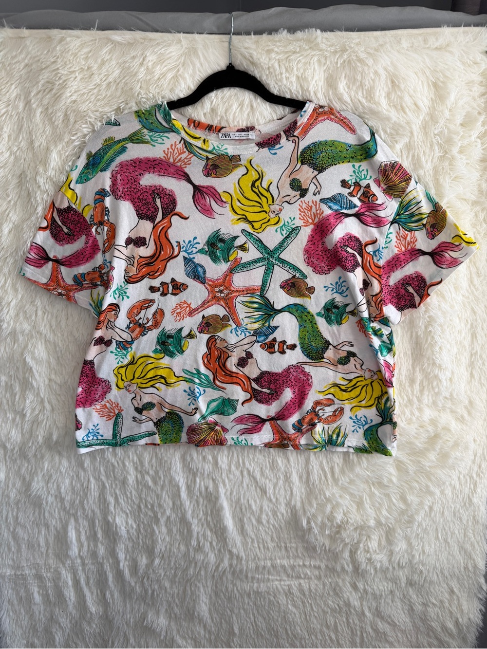 Zara Womens Mermaid Sea Life Crop T-Shirt Size L White Boxy Indie Kid Oceancore